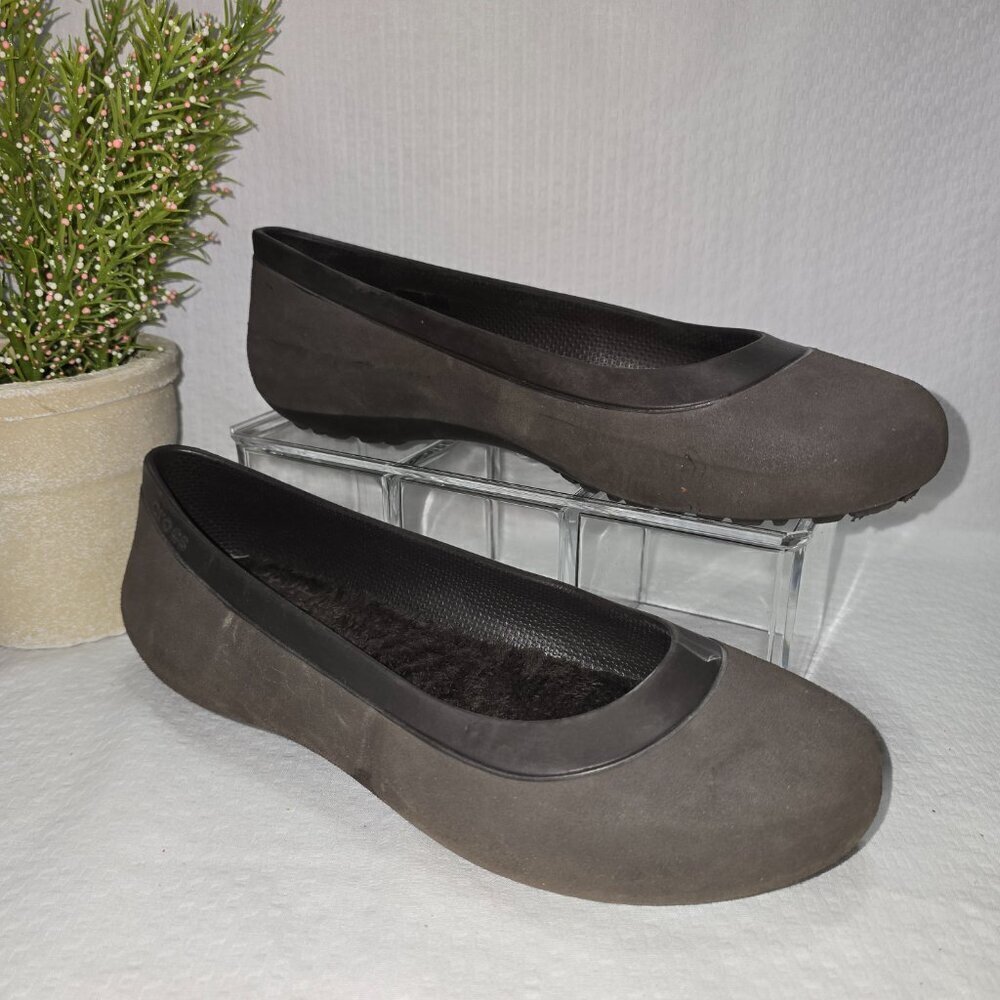 CROCS WOMENS LINA COMFORT BALLET FLATS BROWN FAUX FUR LINING SIZE 8 - Picture 7 of 7